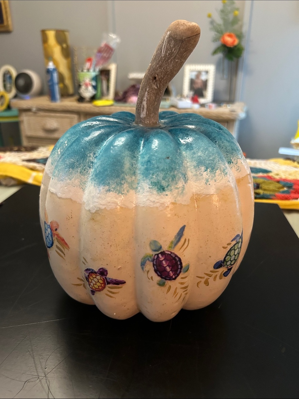 Decorative Teal and Cream Beach Theme Turtle Pumpkin - Home Accent